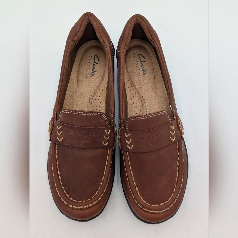 Clarks Cora Ashley Loafer Women's Size 8M Dark Tan Genuine Leather Moccasins